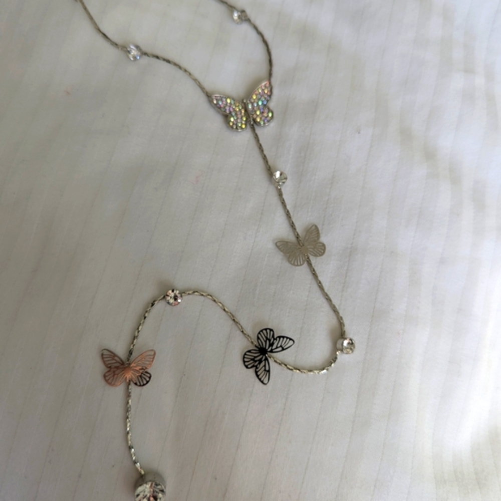 Elegant Butterfly Y-necklace with Silver Tone and Black Accents